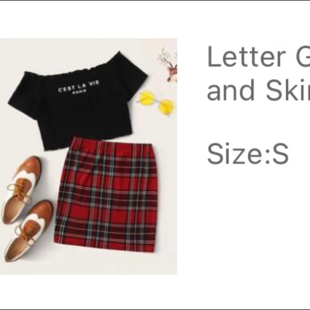 Letter Graphic Lettuce Edge Bardot Top and Skirt Set